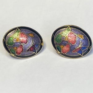 Vintage enamel floral butterfly scene clip on earrings